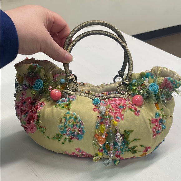 Mary Frances Handbags - Mary Frances Bridgerton Style 🌸 Floral Beaded Handbag 🌸 Gold Satin Fringe Purse